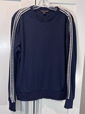 Michael Kors Womens M Navy Logo Tape Sleeve Stripe Crewneck Sweatshirt Pullover